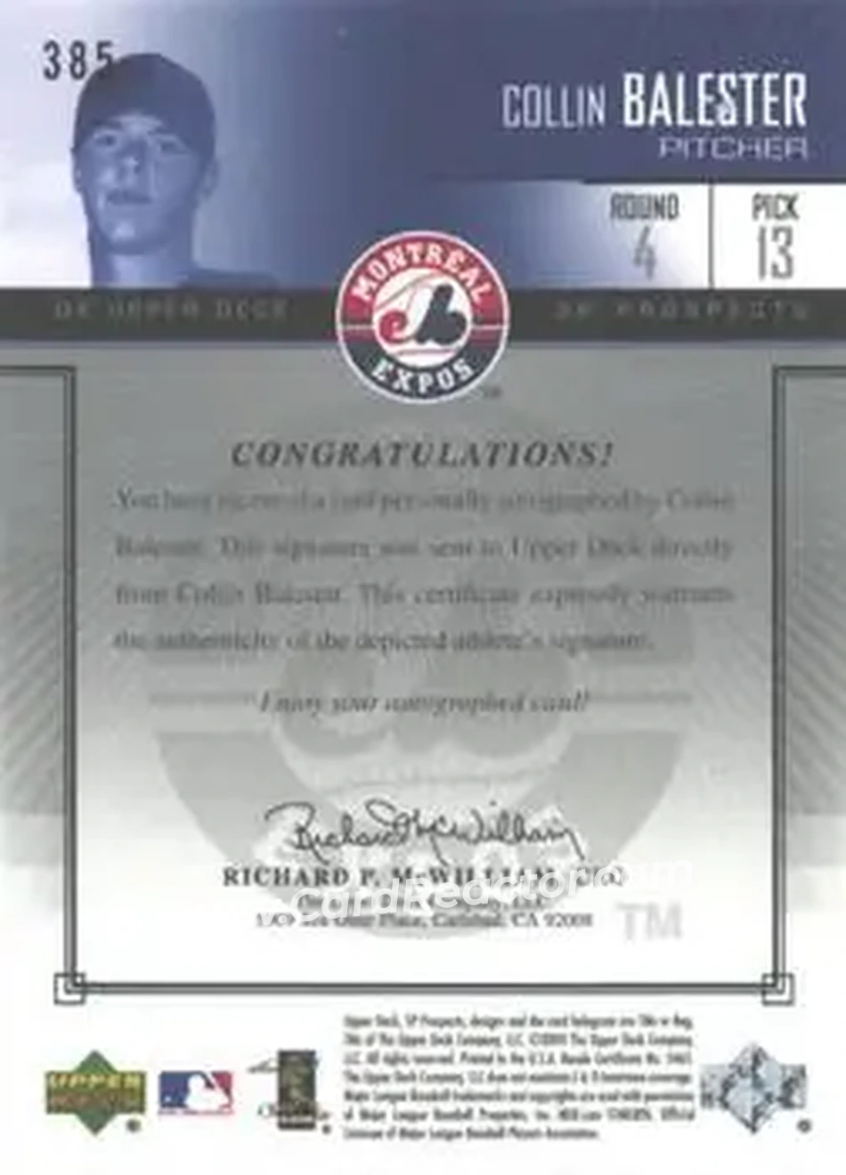 2004 SP Prospects #385 - Collin Balester - Montreal Expos - Back 2004 SP Prospects #385 - Collin Balester - Montreal Expos - Back