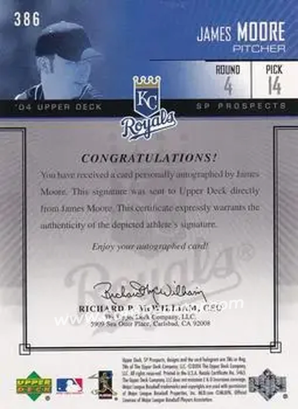 2004 SP Prospects #386 - James Moore - Kansas City Royals - Back