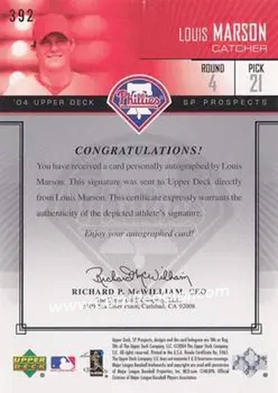 2004 SP Prospects #392 - Lou Marson - Philadelphia Phillies - Back 2004 SP Prospects #392 - Lou Marson - Philadelphia Phillies - Back