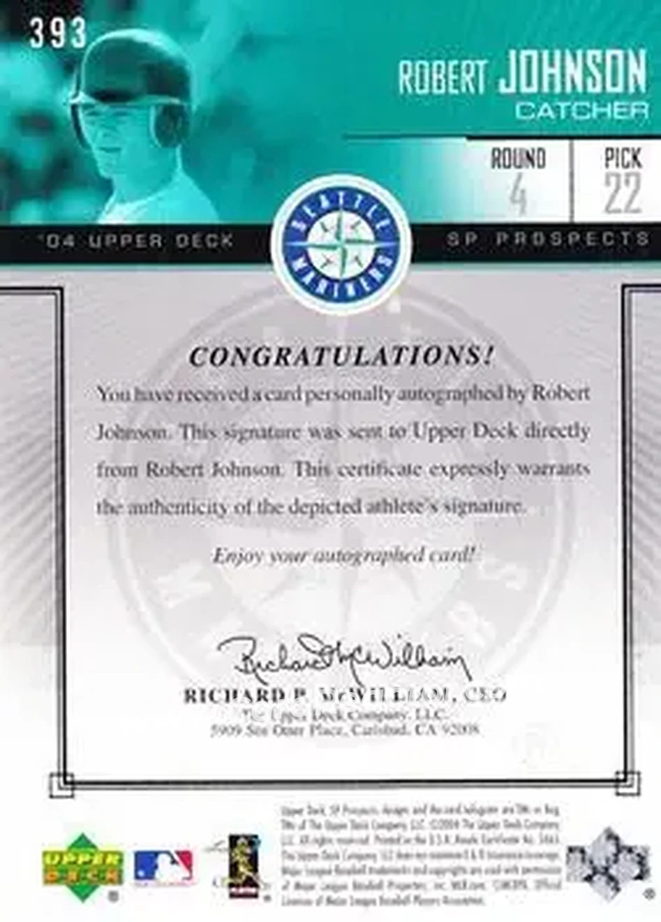2004 SP Prospects #393 - Rob Johnson - Seattle Mariners - Back