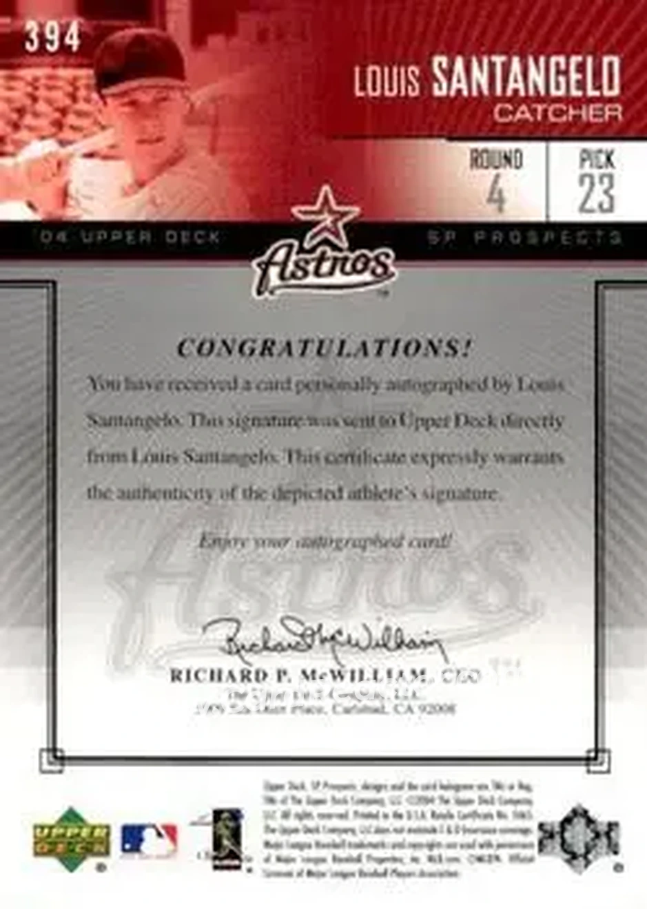 2004 SP Prospects #394 - Lou Santangelo - Houston Astros - Back 2004 SP Prospects #394 - Lou Santangelo - Houston Astros - Back