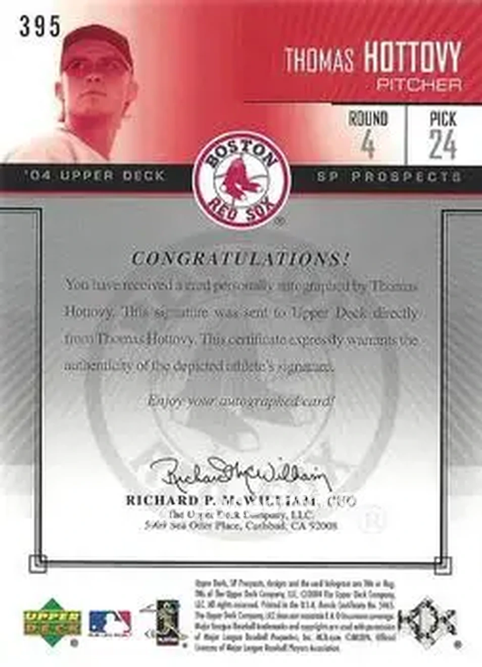 2004 SP Prospects #395 - Tommy Hottovy - Boston Red Sox - Back