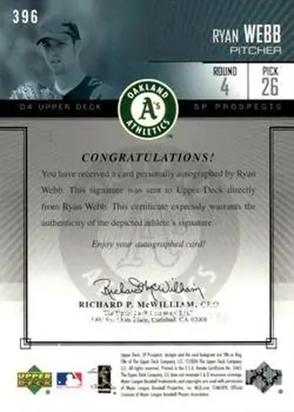 2004 SP Prospects #396 - Ryan Webb - Oakland Athletics - Back