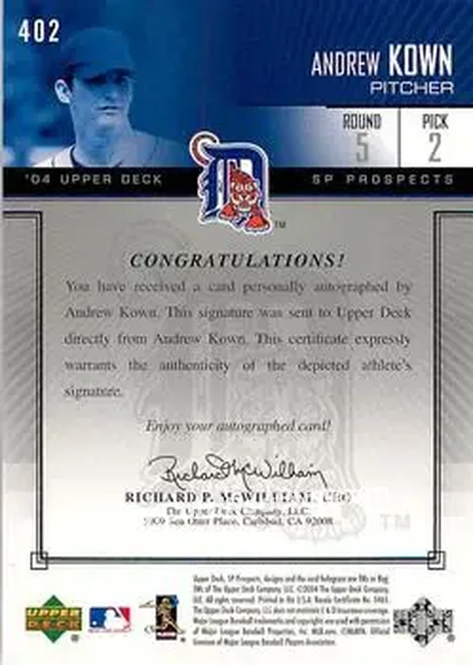 2004 SP Prospects #402 - Andrew Kown - Detroit Tigers - Back 2004 SP Prospects #402 - Andrew Kown - Detroit Tigers - Back