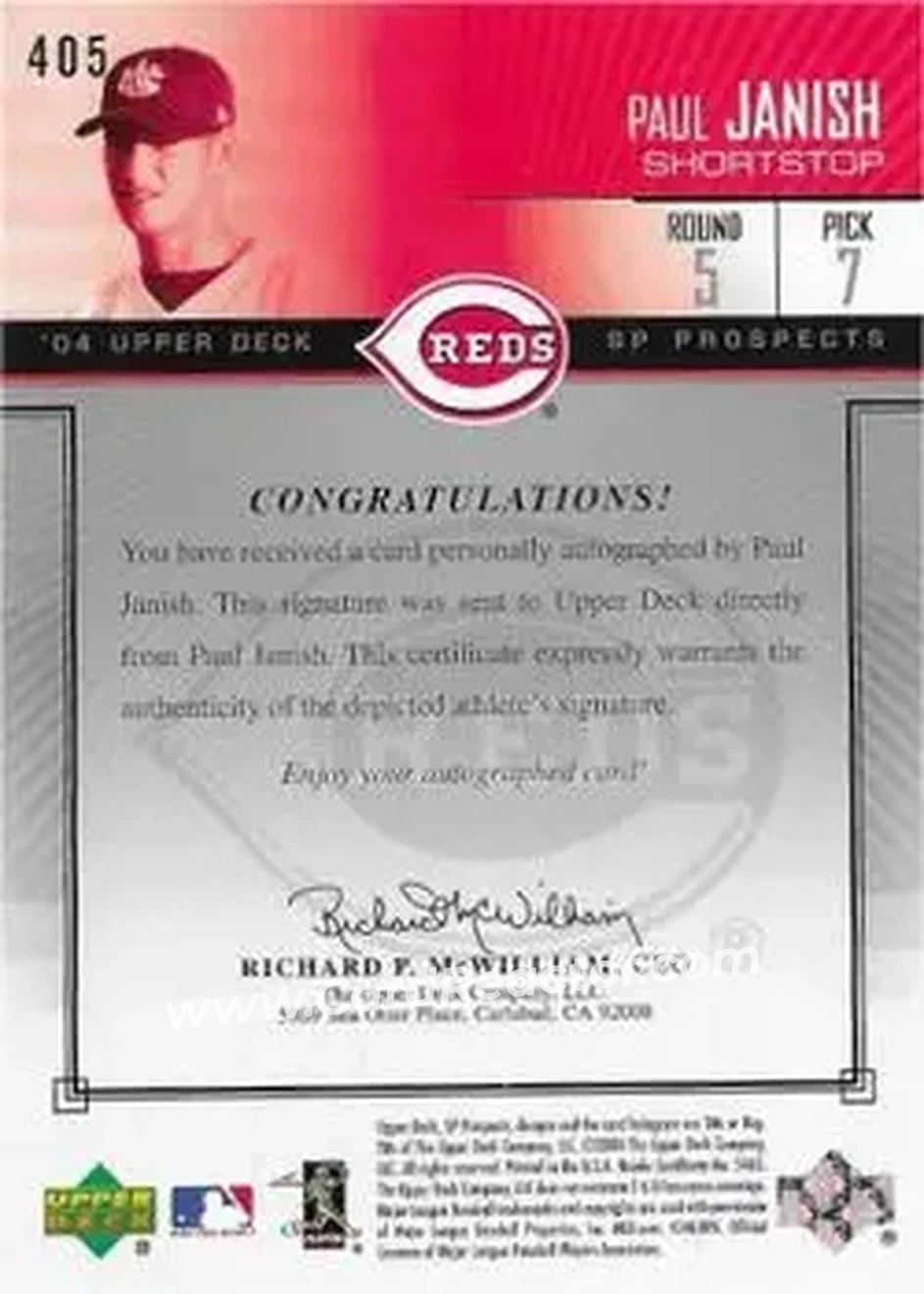 2004 SP Prospects #405 - Paul Janish - Cincinnati Reds - Back