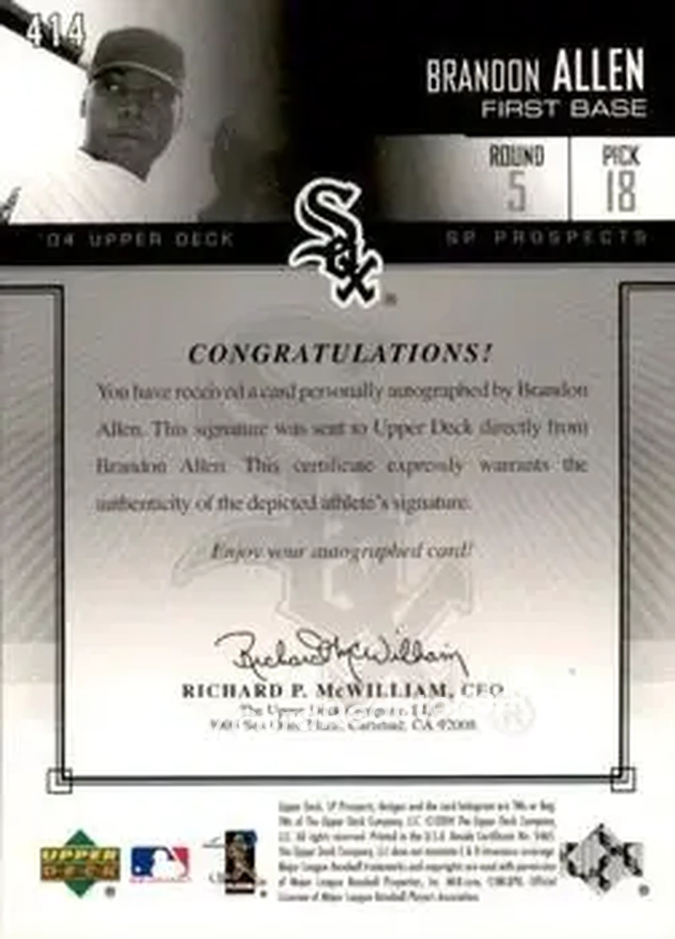 2004 SP Prospects #414 - Brandon Allen - Chicago White Sox - Back 2004 SP Prospects #414 - Brandon Allen - Chicago White Sox - Back