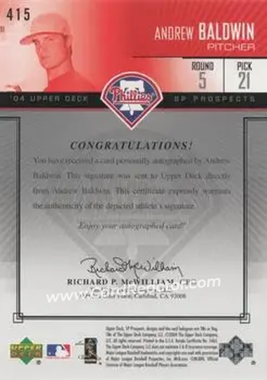 2004 SP Prospects #415 - Andrew Baldwin - Philadelphia Phillies - Back 2004 SP Prospects #415 - Andrew Baldwin - Philadelphia Phillies - Back