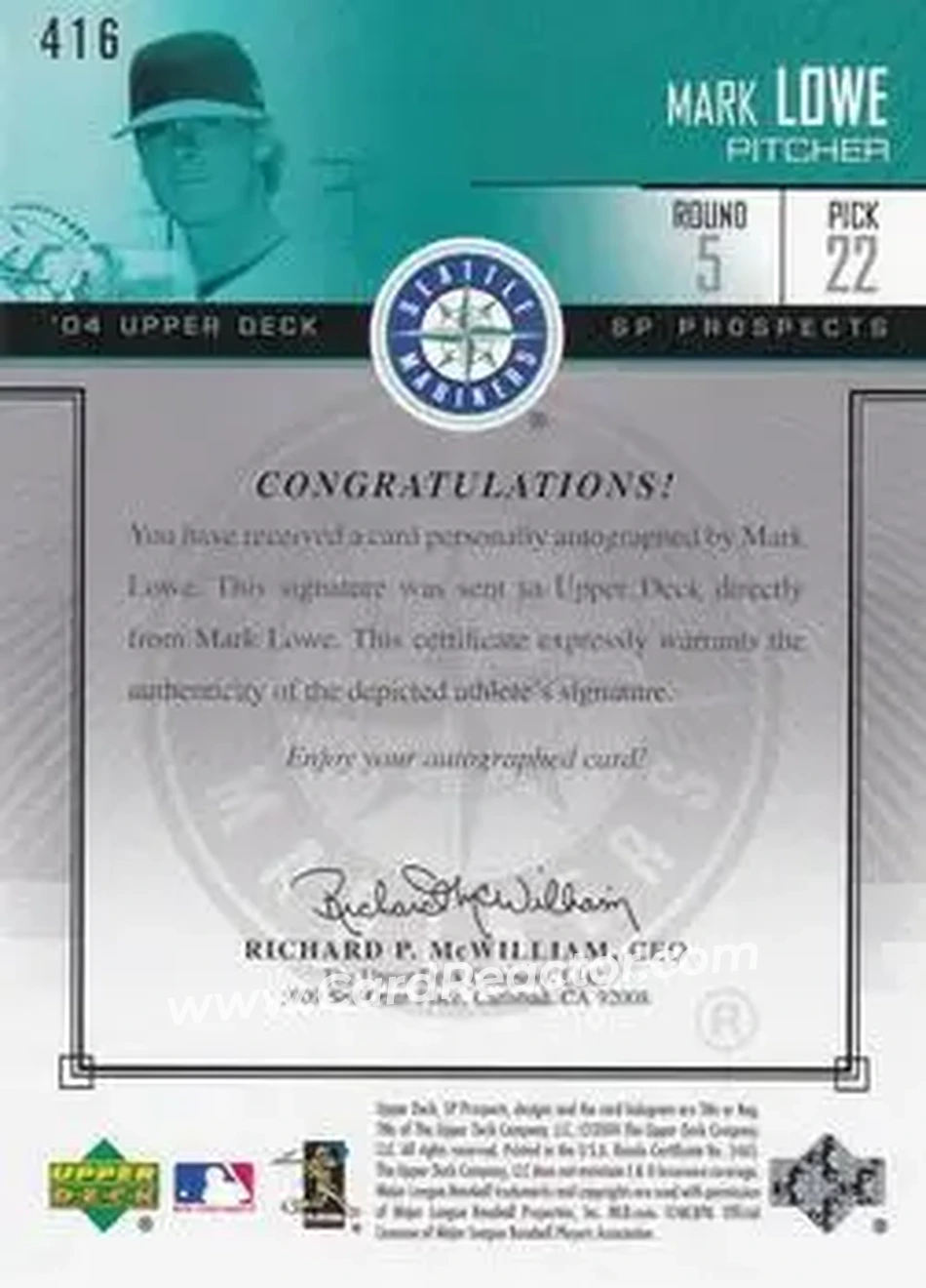 2004 SP Prospects #416 - Mark Lowe - Seattle Mariners - Back