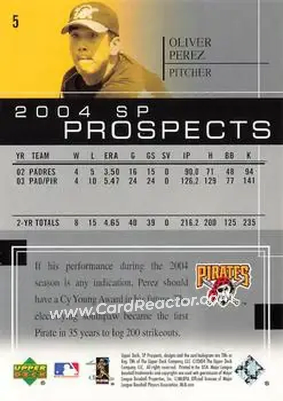 2004 SP Prospects #5 - Oliver Perez - Pittsburgh Pirates - Back 2004 SP Prospects #5 - Oliver Perez - Pittsburgh Pirates - Back