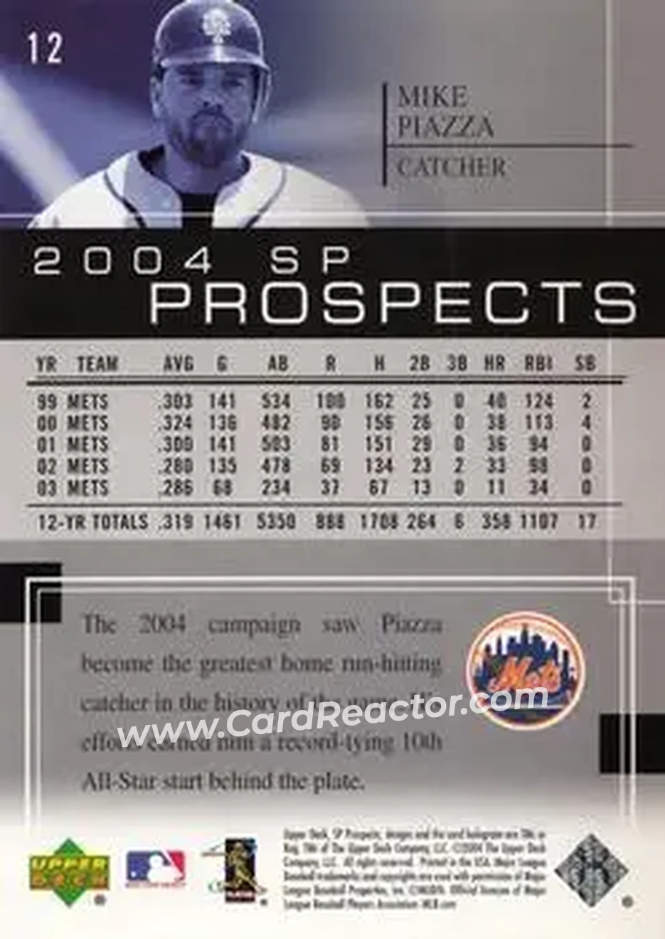 2004 SP Prospects #12 - Mike Piazza - New York Mets - Back