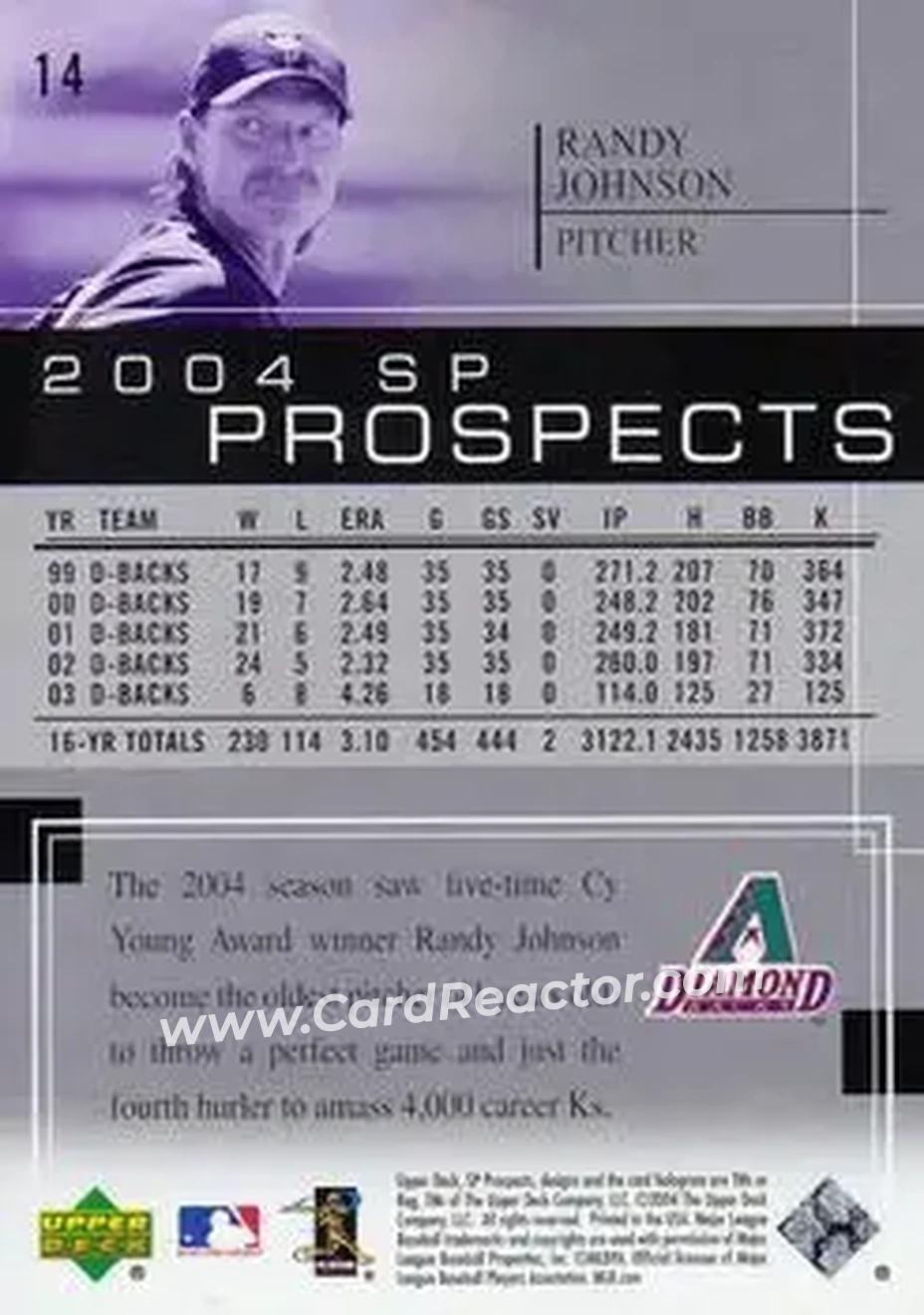 2004 SP Prospects #14 - Randy Johnson - Arizona Diamondbacks - Back