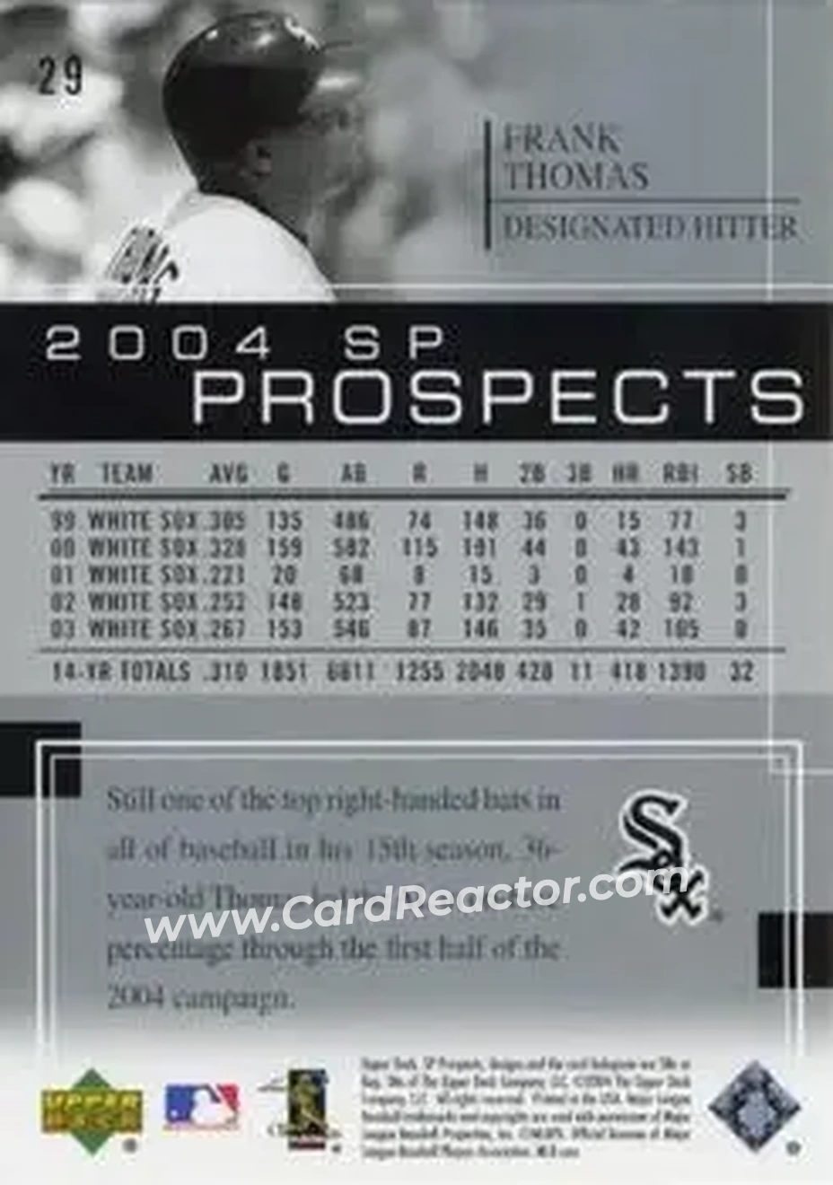 2004 SP Prospects #29 - Frank Thomas - Chicago White Sox - Back