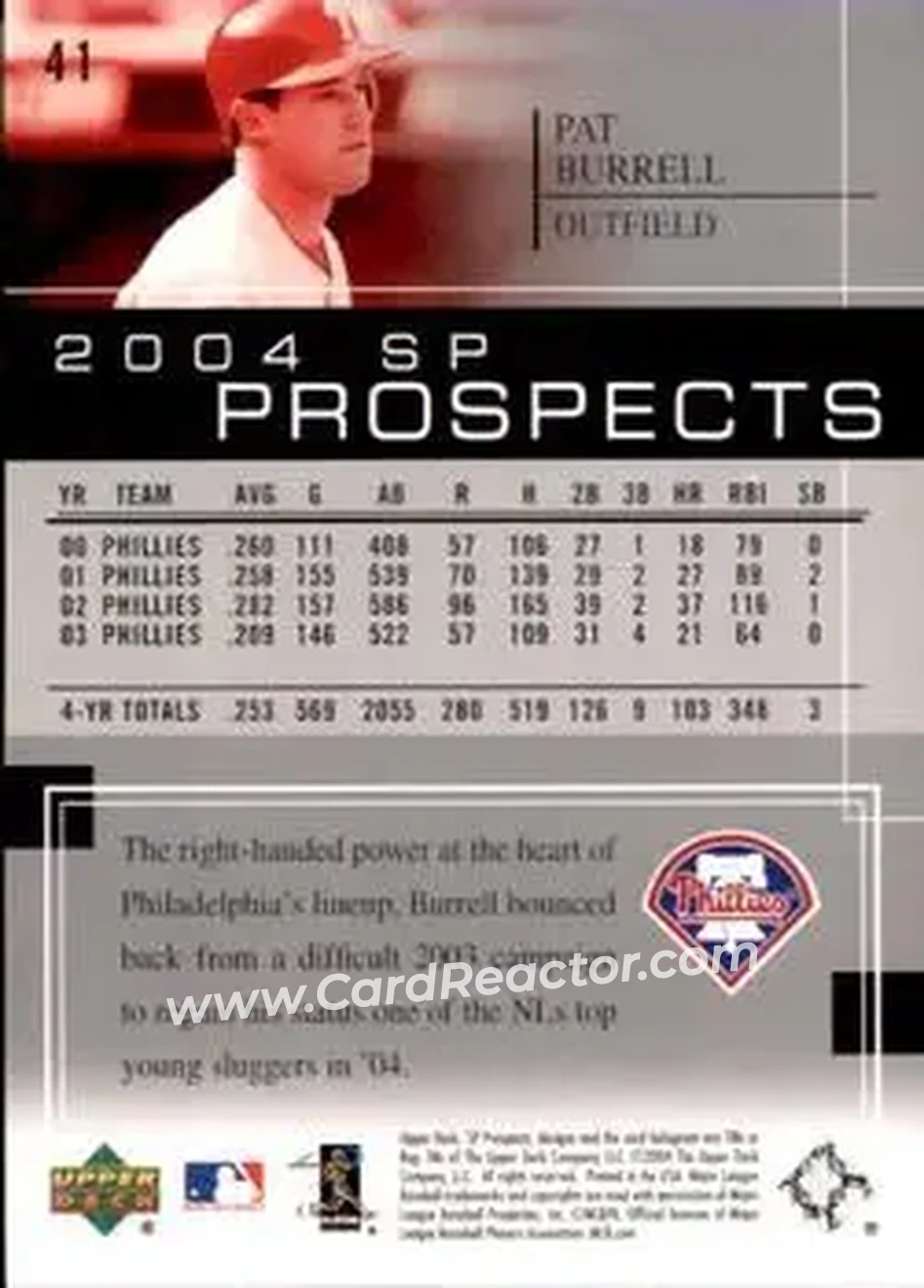 2004 SP Prospects #41 - Pat Burrell - Philadelphia Phillies - Back 2004 SP Prospects #41 - Pat Burrell - Philadelphia Phillies - Back