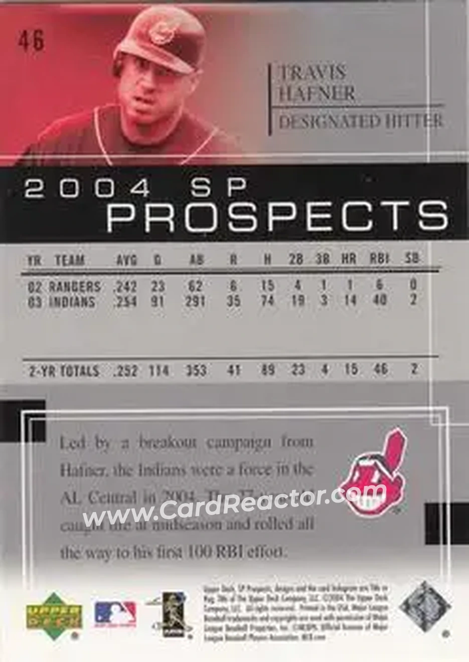 2004 SP Prospects #46 - Travis Hafner - Cleveland Indians - Back
