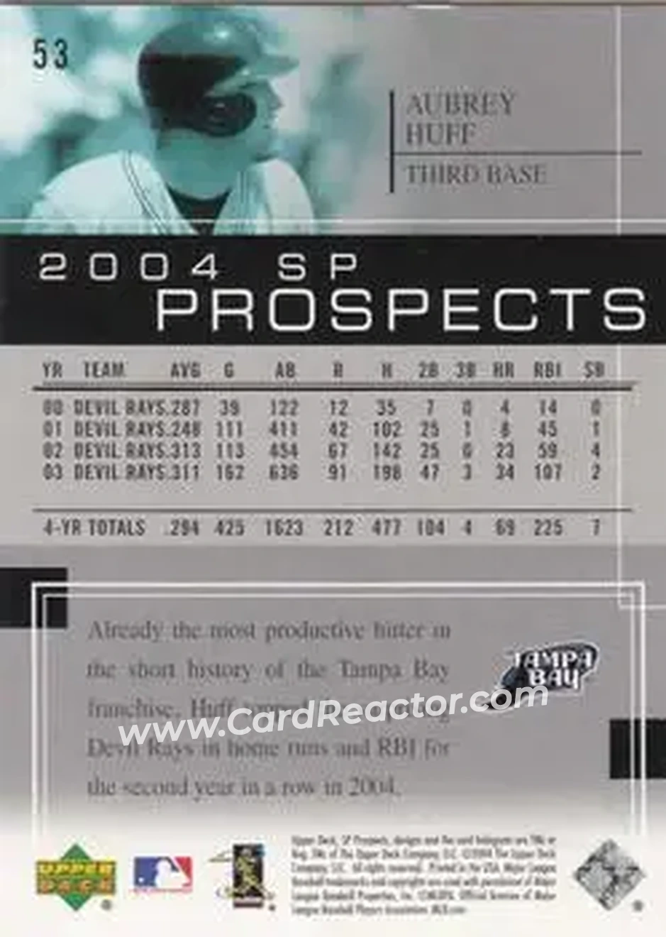 2004 SP Prospects #53 - Aubrey Huff - Tampa Bay Devil Rays - Back