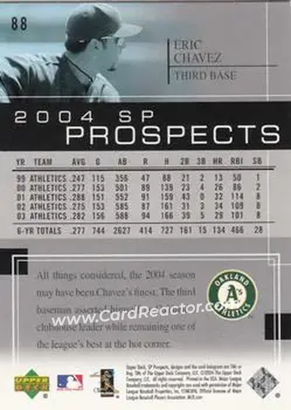 2004 SP Prospects #88 - Eric Chavez - Oakland Athletics - Back