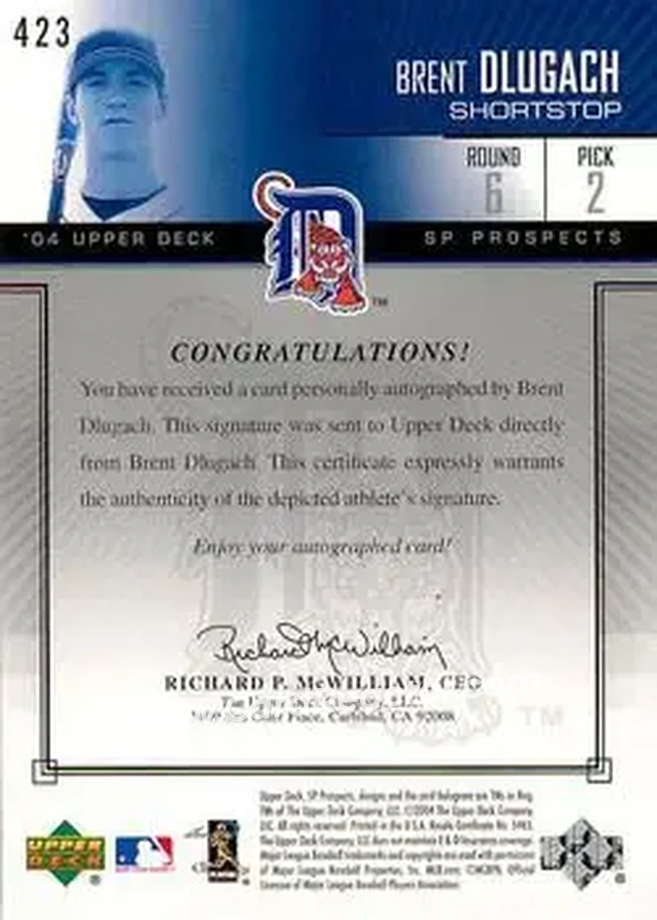 2004 SP Prospects #423 - Brent Dlugach - Detroit Tigers - Back