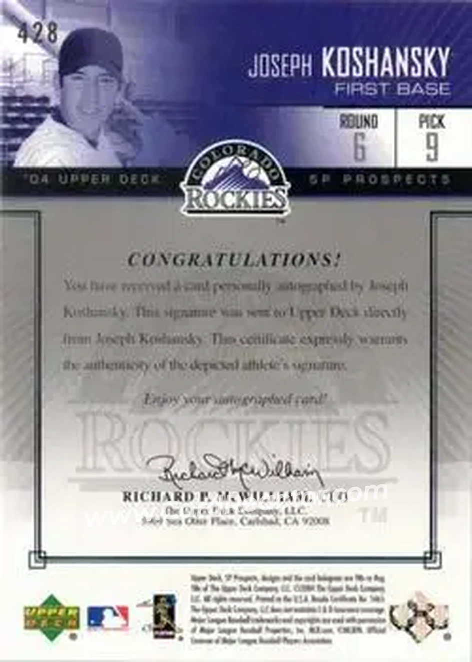 2004 SP Prospects #428 - Joe Koshansky - Colorado Rockies - Back
