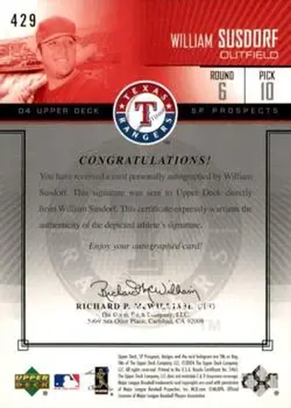 2004 SP Prospects #429 - William Susdorf - Texas Rangers - Back 2004 SP Prospects #429 - William Susdorf - Texas Rangers - Back