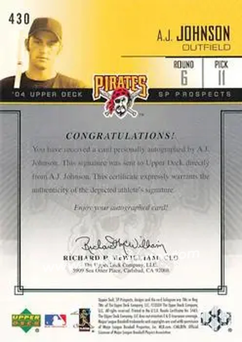 2004 SP Prospects #430 - A.J. Johnson - Pittsburgh Pirates - Back