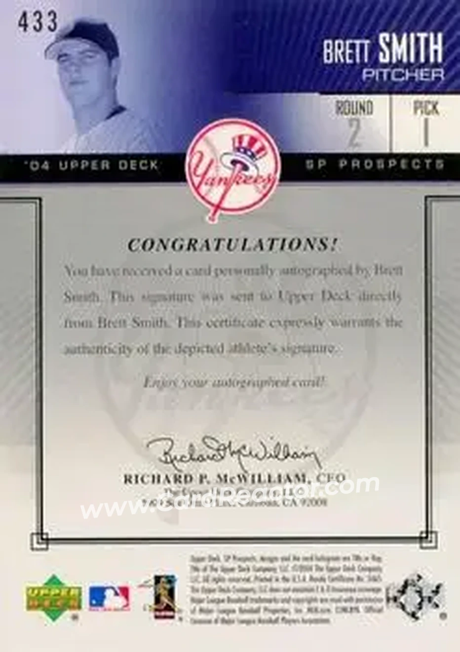 2004 SP Prospects #433 - Brett Smith - New York Yankees - Back 2004 SP Prospects #433 - Brett Smith - New York Yankees - Back