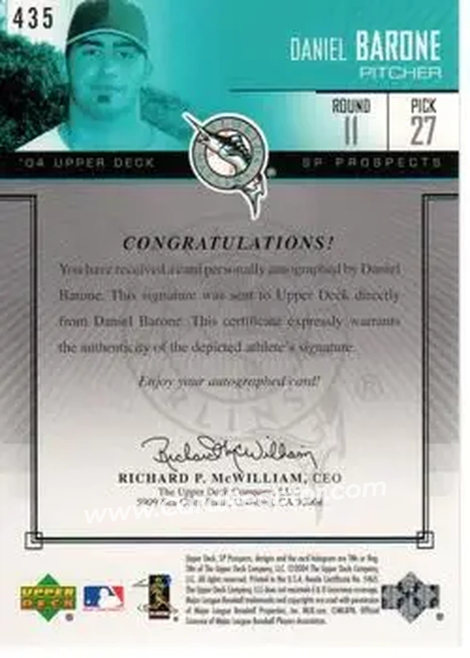 2004 SP Prospects #435 - Daniel Barone - Florida Marlins - Back