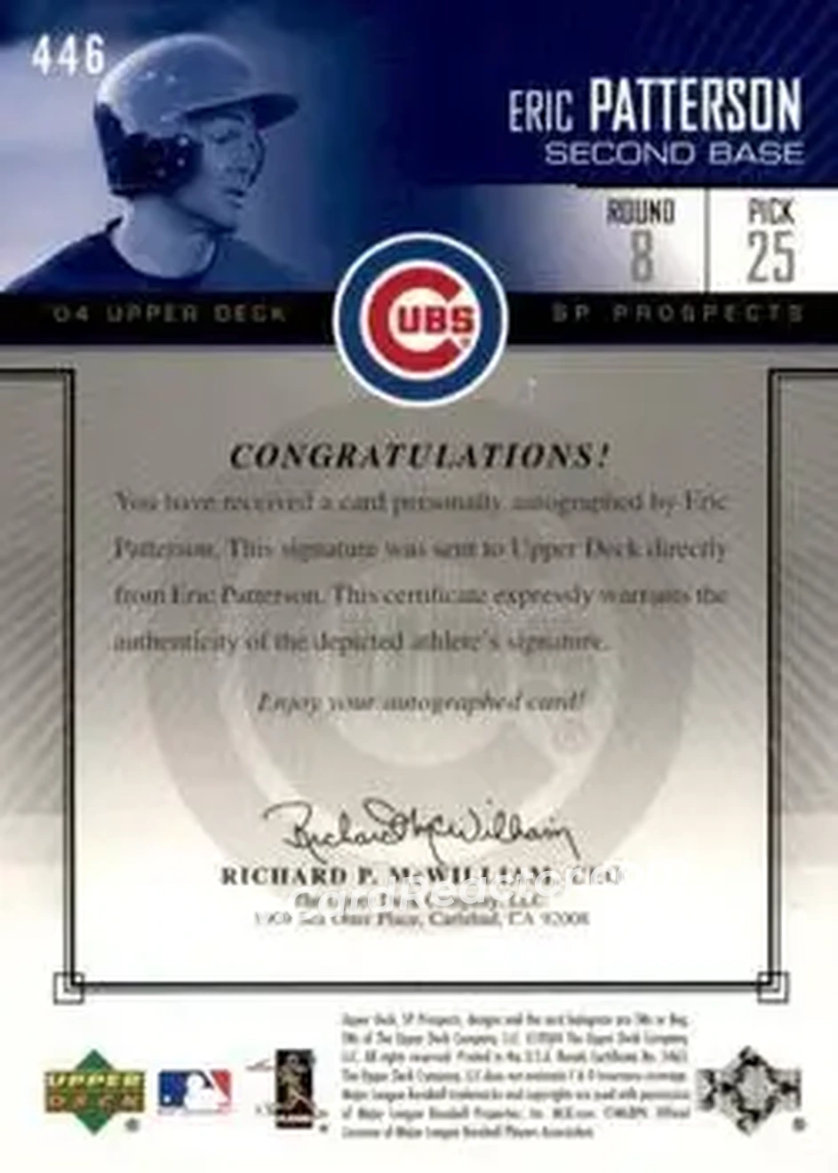 2004 SP Prospects #446 - Eric Patterson - Chicago Cubs - Back 2004 SP Prospects #446 - Eric Patterson - Chicago Cubs - Back