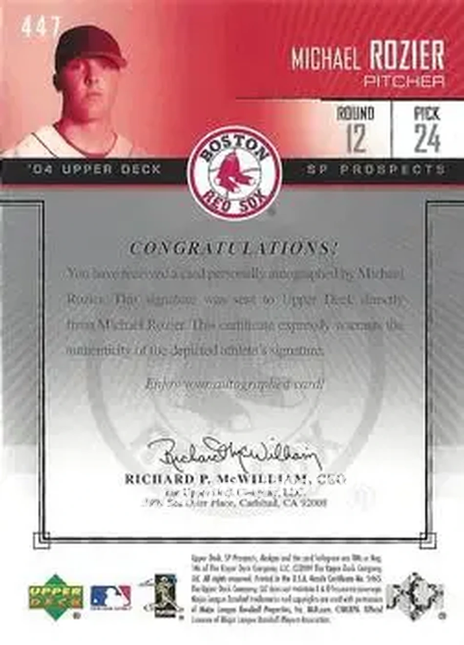 2004 SP Prospects #447 - Mike Rozier - Boston Red Sox - Back 2004 SP Prospects #447 - Mike Rozier - Boston Red Sox - Back