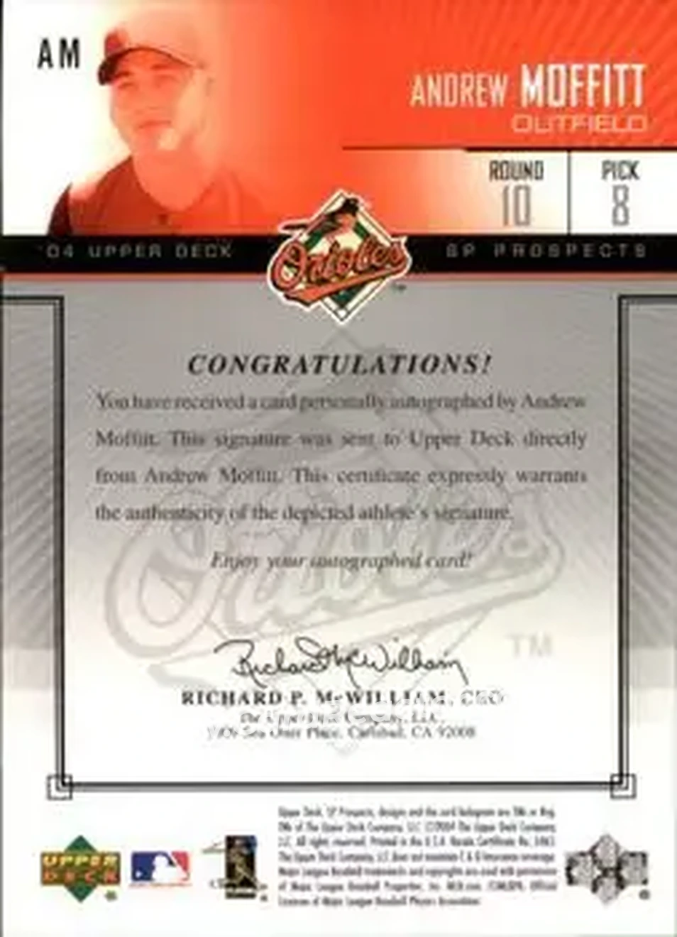 2004 SP Prospects - Autograph Bonus #AM - Andrew Moffitt - Baltimore Orioles - Back