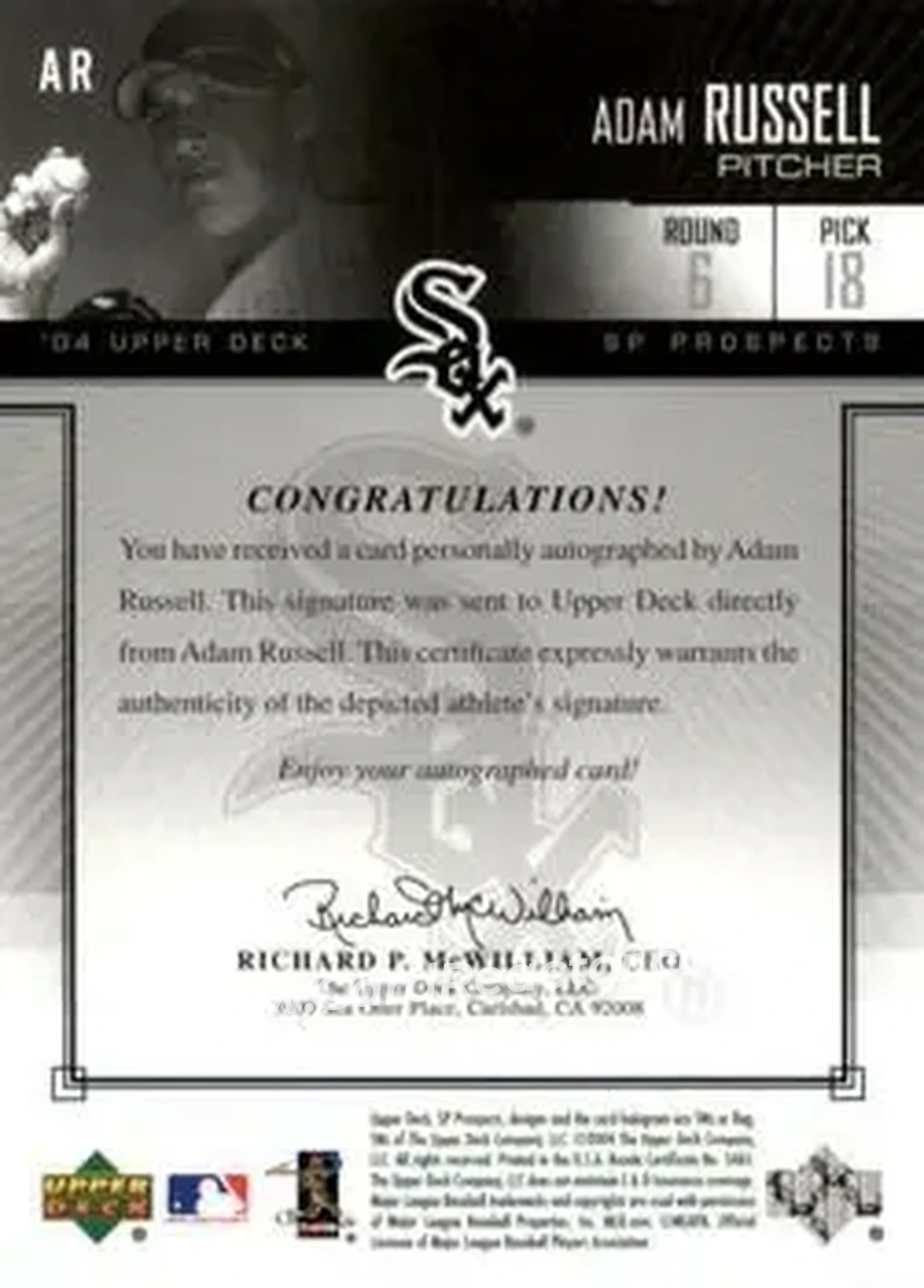 2004 SP Prospects - Autograph Bonus #AR - Adam Russell - Chicago White Sox - Back
