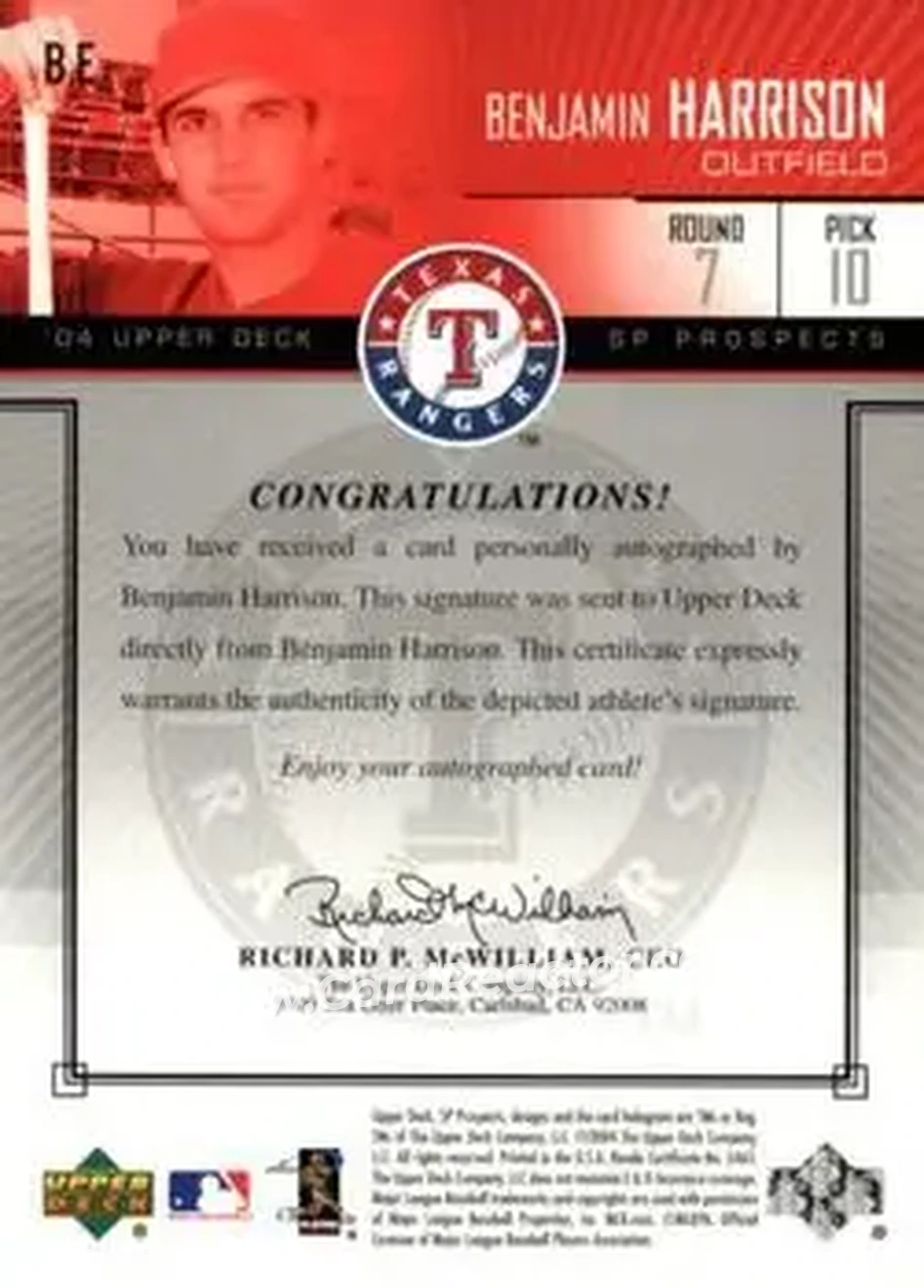 2004 SP Prospects - Autograph Bonus #BE - Ben Harrison - Texas Rangers - Back