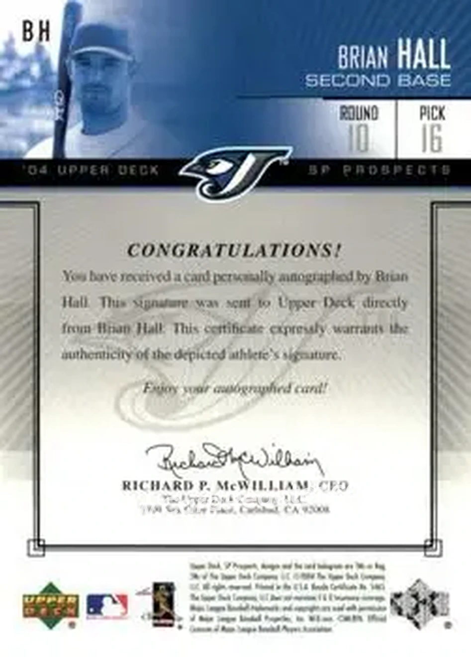 2004 SP Prospects - Autograph Bonus #BH - Brian Hall - Toronto Blue Jays - Back