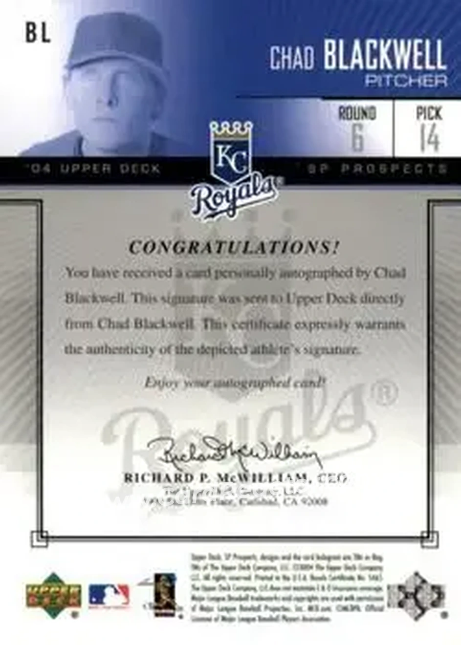 2004 SP Prospects - Autograph Bonus #BL - Chad Blackwell - Kansas City Royals - Back
