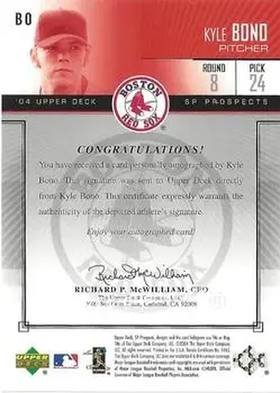 2004 SP Prospects - Autograph Bonus #BO - Kyle Bono - Boston Red Sox - Back