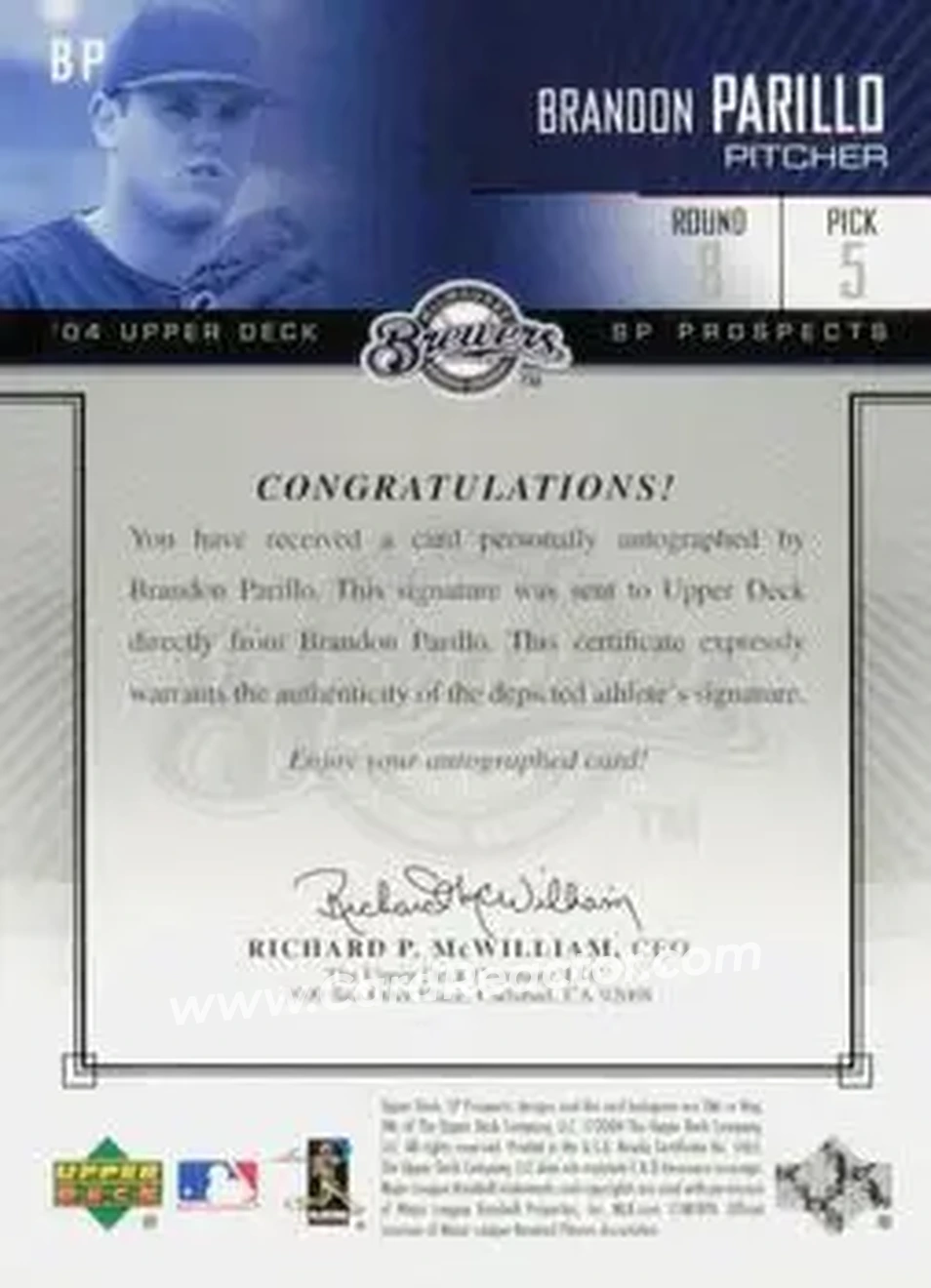 2004 SP Prospects - Autograph Bonus #BP - Brandon Parillo - Milwaukee Brewers - Back