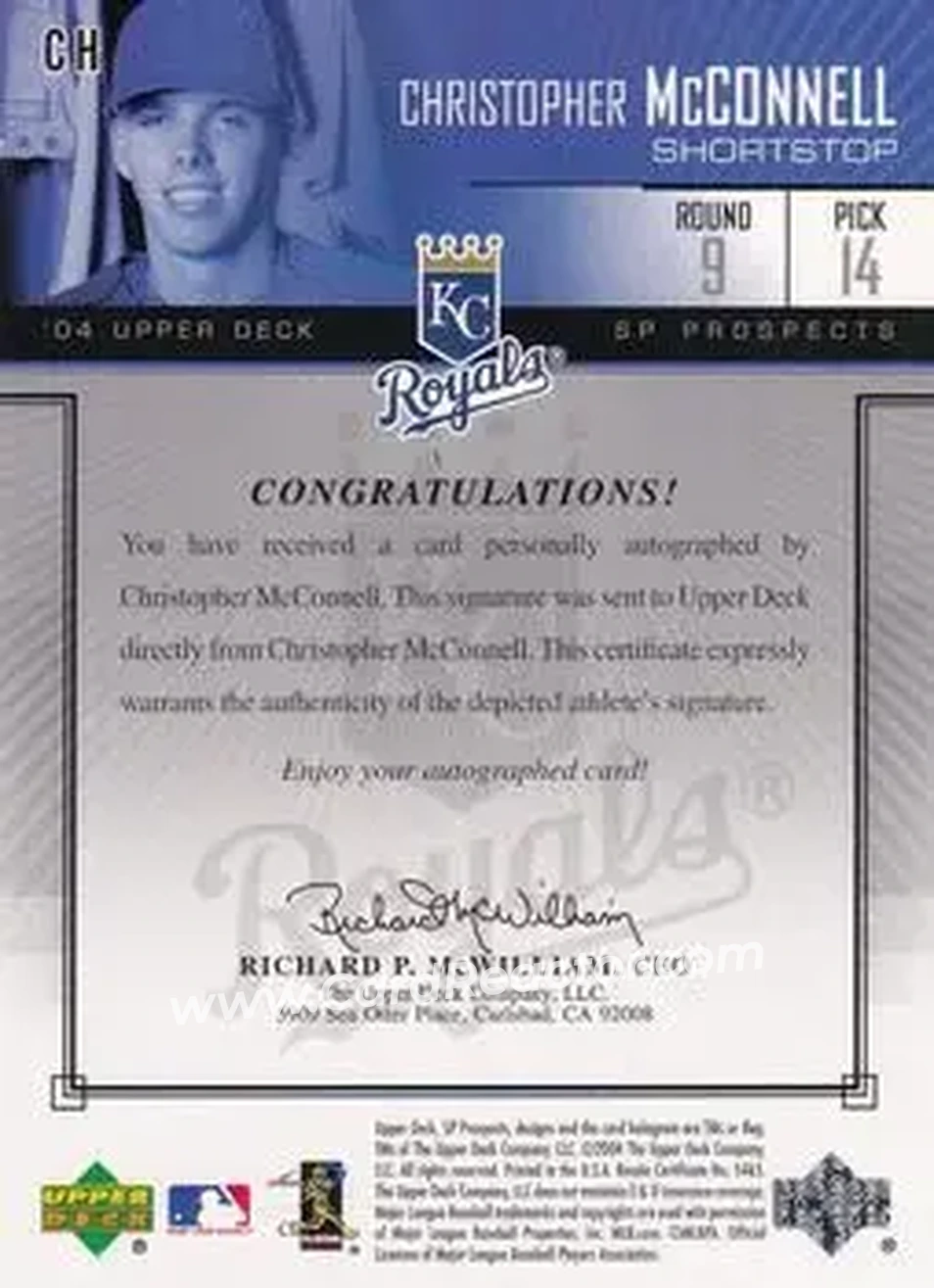 2004 SP Prospects - Autograph Bonus #CH - Christopher McConnell - Kansas City Royals - Back