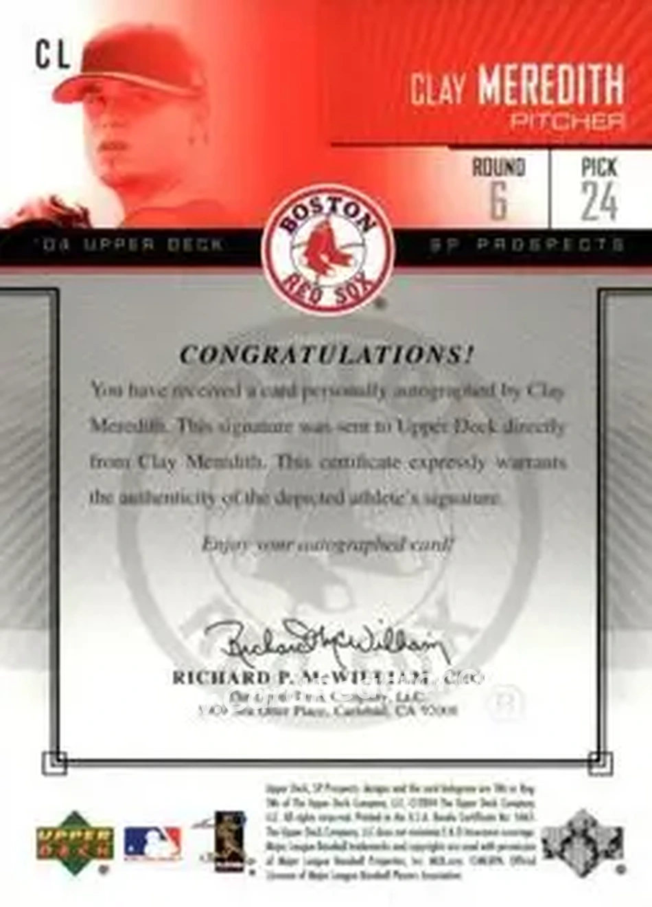 2004 SP Prospects - Autograph Bonus #CL - Cla Meredith - Boston Red Sox - Back