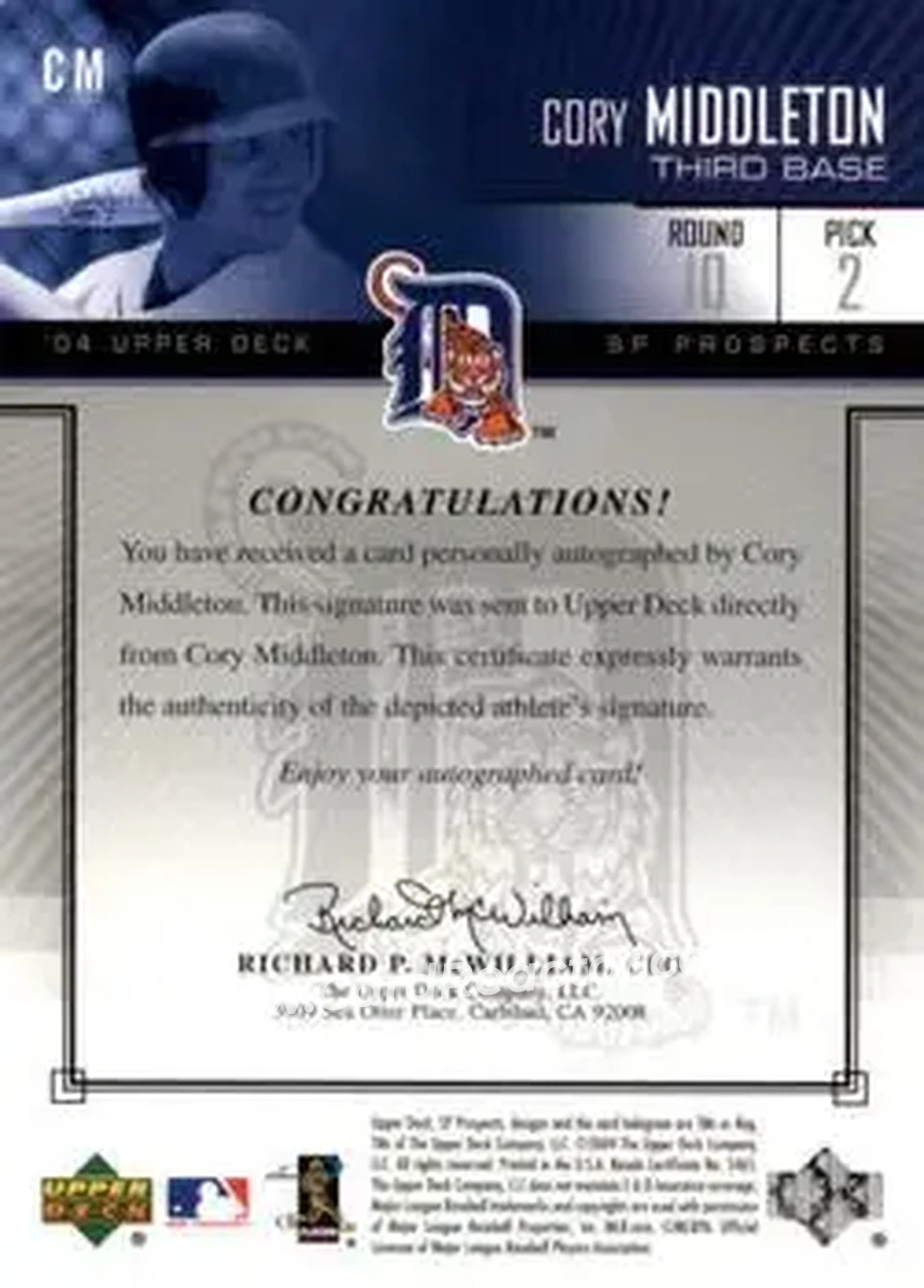 2004 SP Prospects - Autograph Bonus #CM - Cory Middleton - Detroit Tigers - Back