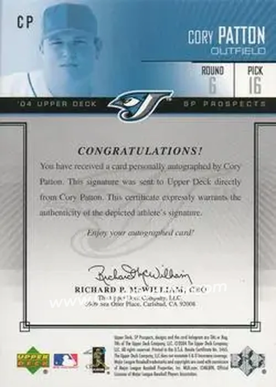 2004 SP Prospects - Autograph Bonus #CP - Cory Patton - Toronto Blue Jays - Back