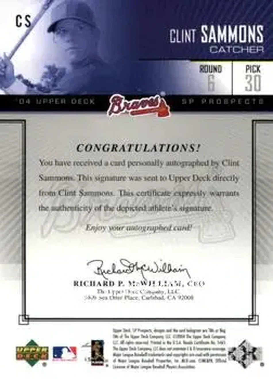 2004 SP Prospects - Autograph Bonus #CS - Clint Sammons - Atlanta Braves - Back