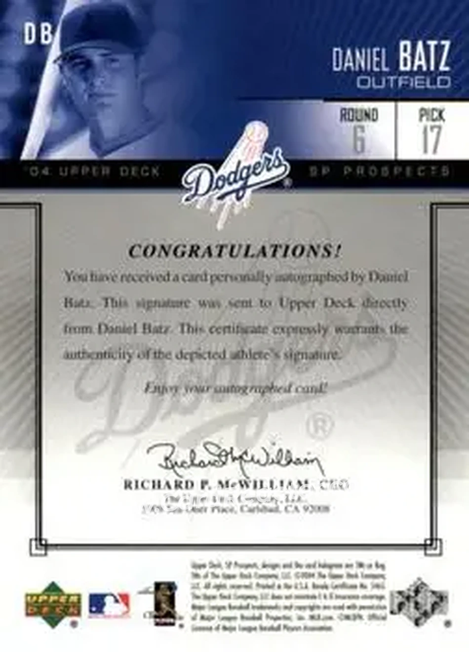 2004 SP Prospects - Autograph Bonus #DB - Daniel Batz - Los Angeles Dodgers - Back