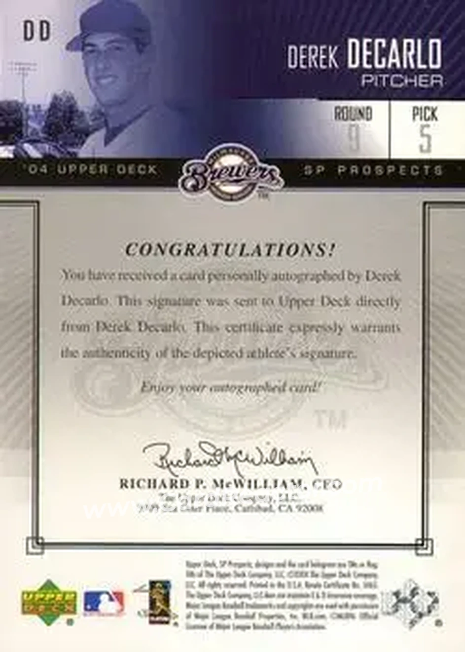 2004 SP Prospects - Autograph Bonus #DD - Derek DeCarlo - Milwaukee Brewers - Back