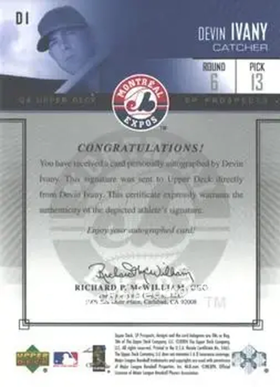 2004 SP Prospects - Autograph Bonus #DI - Devin Ivany - Montreal Expos - Back