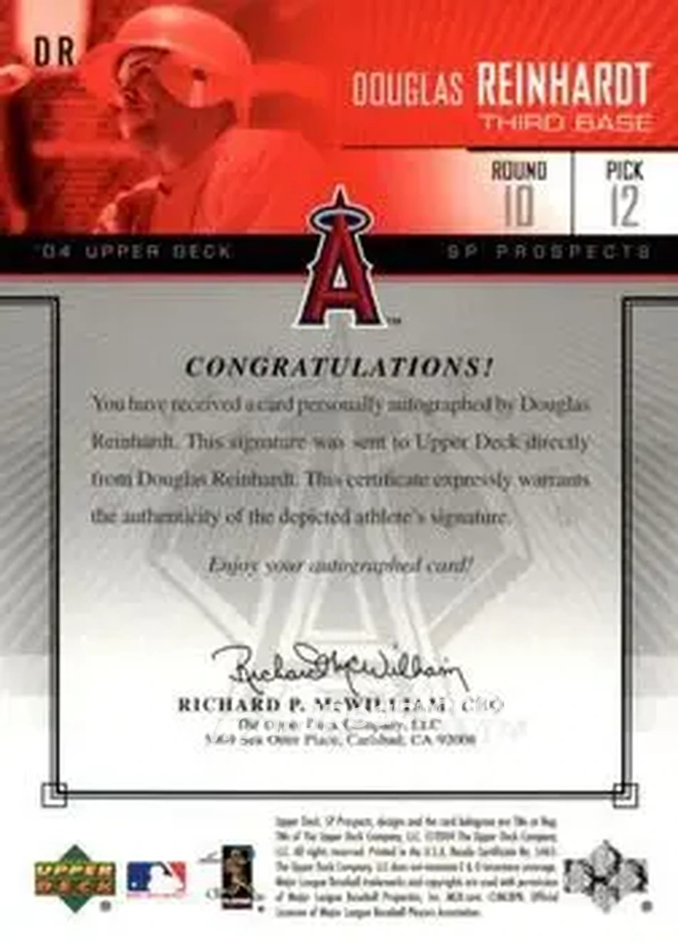 2004 SP Prospects - Autograph Bonus #DR - Douglas Reinhardt - Anaheim Angels - Back
