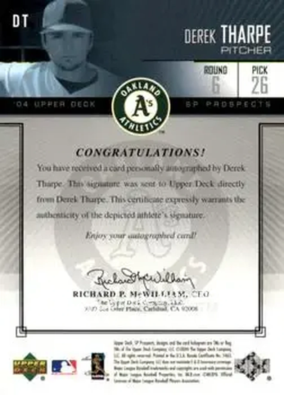 2004 SP Prospects - Autograph Bonus #DT - Derek Tharpe - Oakland Athletics - Back