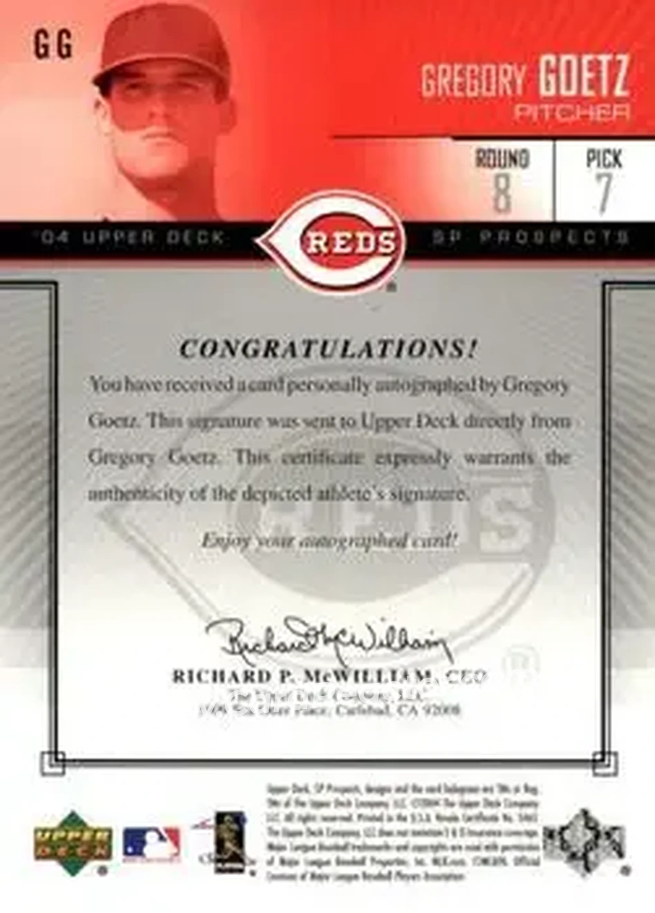 2004 SP Prospects - Autograph Bonus #GG - Gregory Goetz - Cincinnati Reds - Back