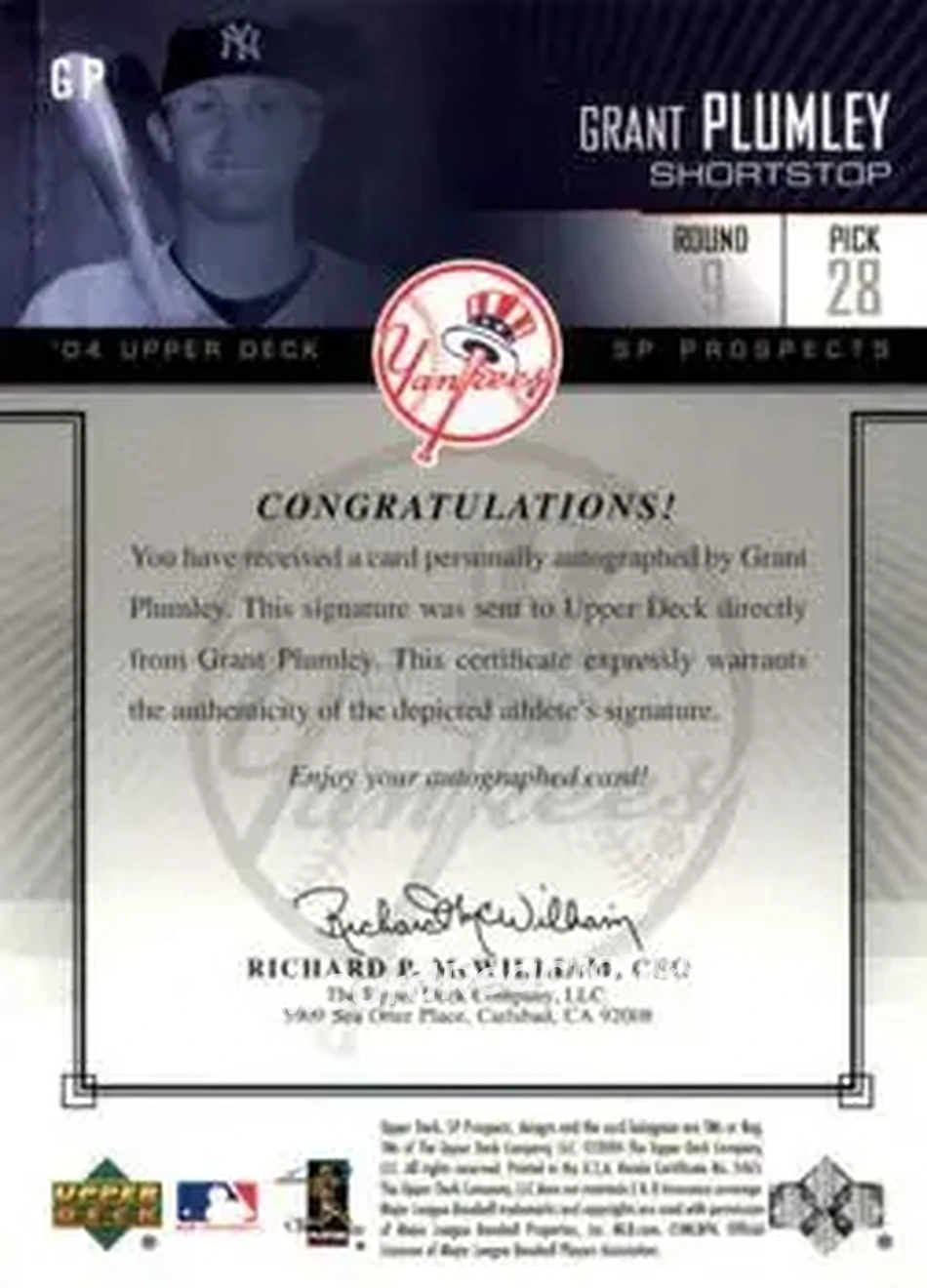 2004 SP Prospects - Autograph Bonus #GP - Grant Plumley - New York Yankees - Back 2004 SP Prospects - Autograph Bonus #GP - Grant Plumley - New York Yankees - Back