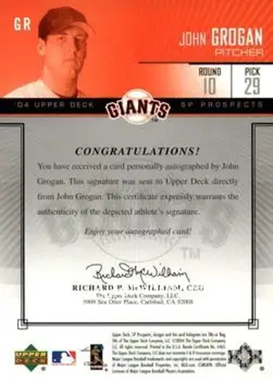2004 SP Prospects - Autograph Bonus #GR - John Grogan - San Francisco Giants - Back
