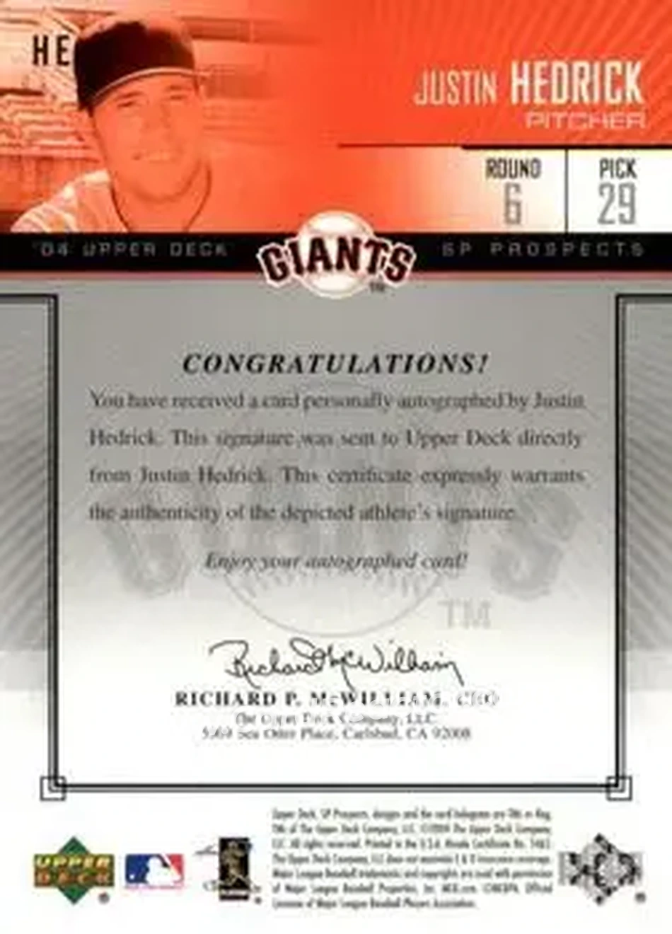 2004 SP Prospects - Autograph Bonus #HE - Justin Hedrick - San Francisco Giants - Back