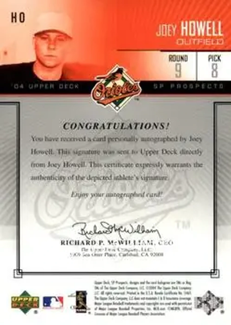 2004 SP Prospects - Autograph Bonus #HO - Joey Howell - Baltimore Orioles - Back